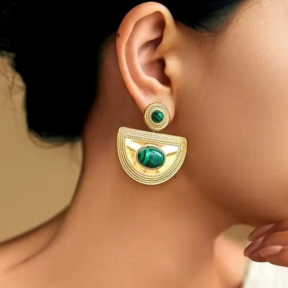 Malachite 18K Gold Stainless Steel Waterproof Earrings - Picture 2 of 4